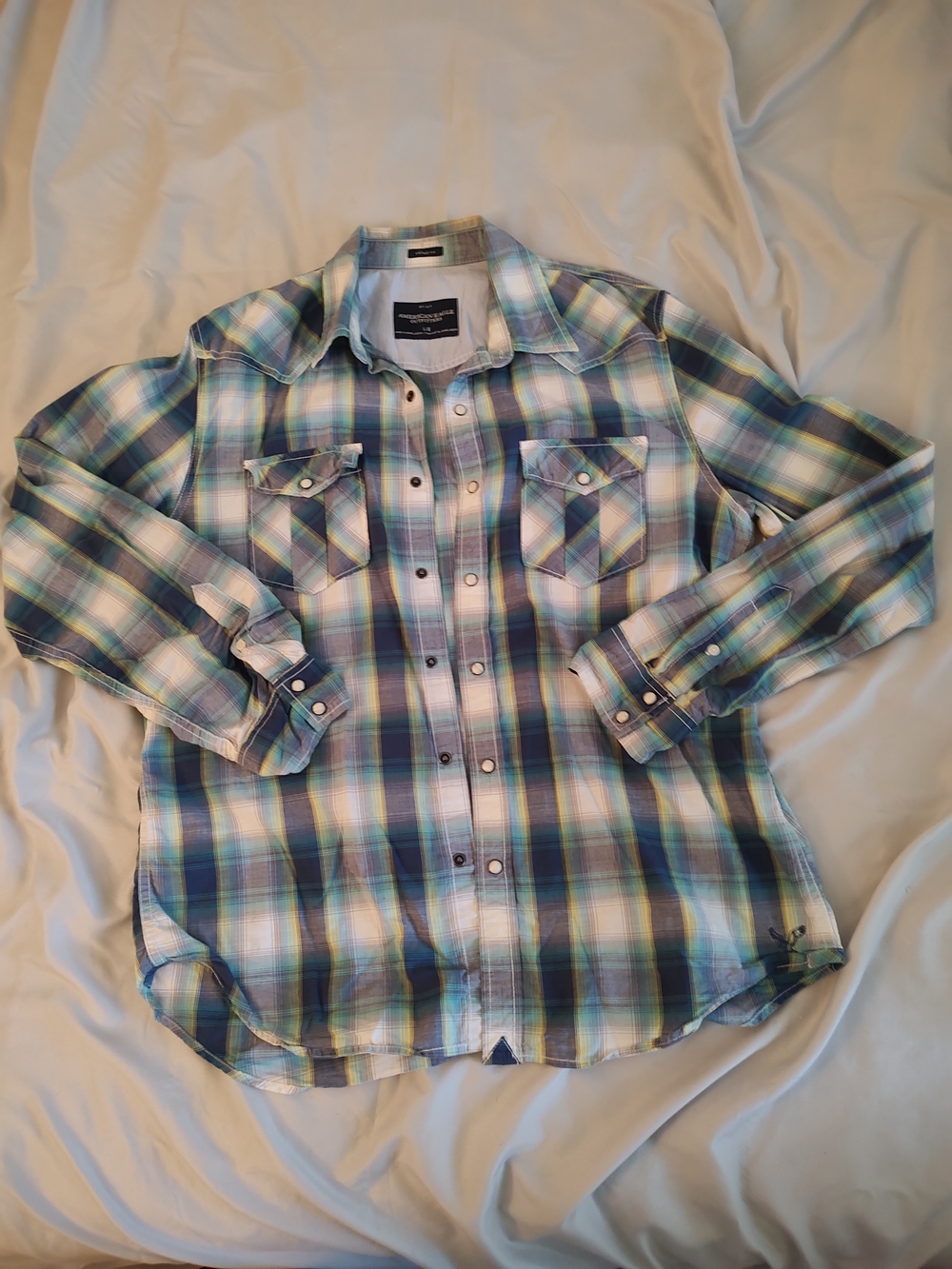 American Eagle Outfitters Men's Teal Blue Plaid Button-Down Shirt